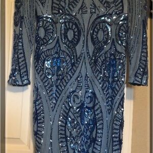 Fashion Nova Blue Sequin Off-Shoulder Dress